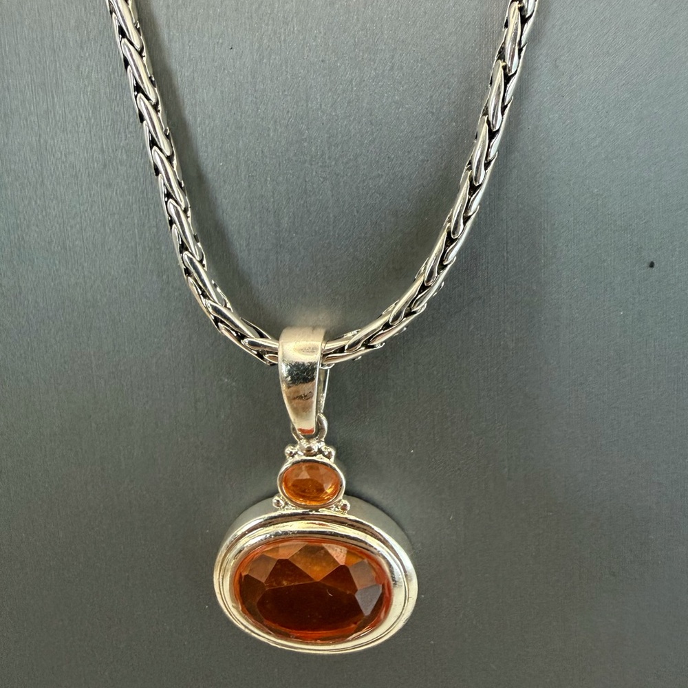 Silver Braided Chain with Amber Glass Color Oval Pendant 22”
